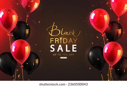 Web Banner Black Friday Sale.Black and red balloons and flying streamers. Creative luminous design.Vector illustration.