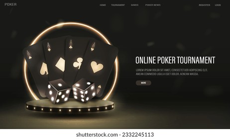 A web banner with black and gold cards and dice on a podium with a neon frame. A concept for casino and poker on a dark background with text.