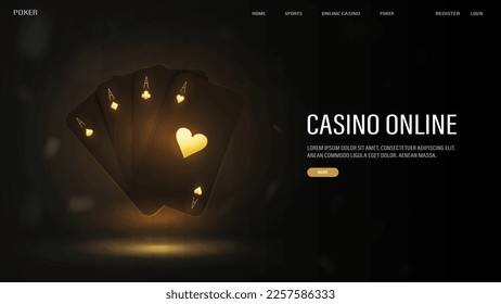 Web banner with black and gold poker cards on a shiny background.