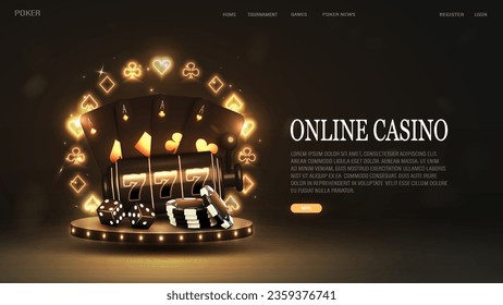 A web banner with black and gold poker cards, dice, chips and a casino slot machine on a podium with a neon glowing frame of suits on a dark background with text.