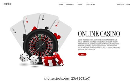 Web banner with black roulette for casino chips and dice for poker and with real cards on a white background.