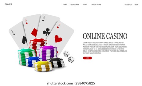 Web banner with black roulette for casino chips and dice for poker and with real cards on a white background.