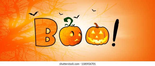 Web Banner Boo Halloween and Pumpkins - Text Style on Yellow Backgrounds