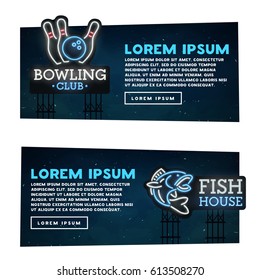 Web banner. Bowling and Fish House road sing. City sign neon, bright signboard, light banner. 