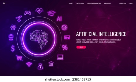 A web banner with a brain in a neon frame with icons of games, medicine, science, medicine, technology, banking on a blue and purple background. A concept for AI artificial intelligence.