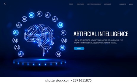 A web banner with brains from neural networks on a glowing podium with a neon frame of AI icons on a blue background. A concept for artificial intelligence.
