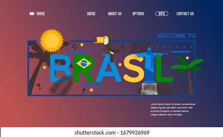 Web banner for Brazil poster, travel southern America vector illustration. Statue of Jesus the Redeemer, tree, text. Contact us, about us, home, option button. Web site design template.
