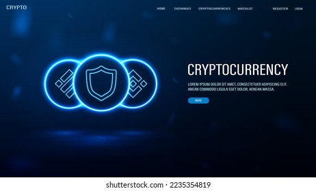 A web banner with bright blue cryptocurrency logos on a dark background.