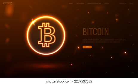 A web banner with a bright neon bitcoin logo on an orange background.