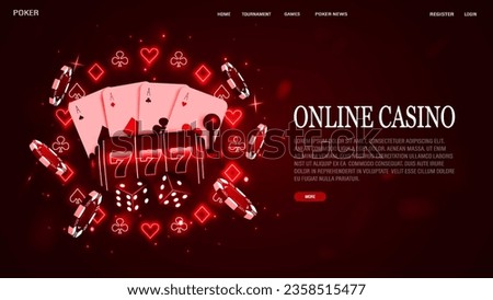 A web banner with a bright neon frame of suits with poker cards, dice chips and a slot machine in red with text on a red background. A casino-themed concept.