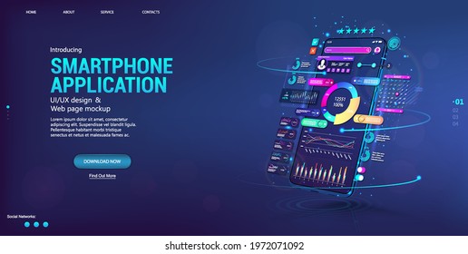 Web banner Business App with smartphone in perspective position. Financial analysis and data statistic. Presentation concept App, UI, UX design, capabilities. Trading and stock market forex. Vector