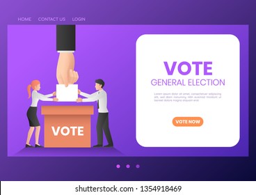 Web banner business people putting ballot paper into voting box. Elections and voting landing page concept.