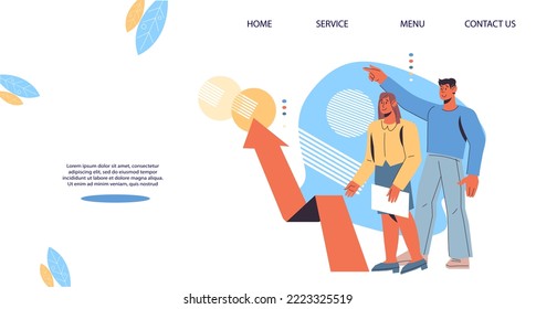 Web banner with business people working on directions development and strategy. Marketing and company development, flat cartoon vector illustration isolated.