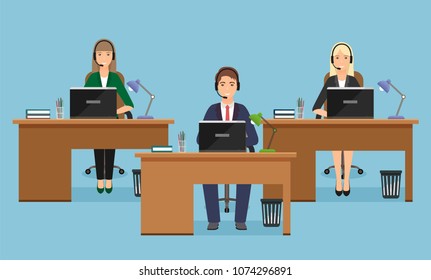 Web banner of call center with three woman employee on working places in office. Working situation with female staff.