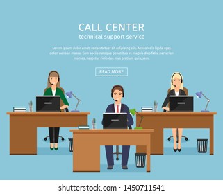 Web banner of call center with three woman employee on working places in office with simple text and button template. Working situation with female staff of support service. Vector illustration.
