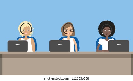Web banner of call center workers. Young women in headphones sitting at the table on a blue background. Vector cartoon illustration.