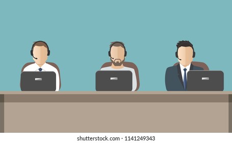 Web banner of call center workers. Technical support service. Young men in headphones sitting at the table. People icons. Vector illustration.