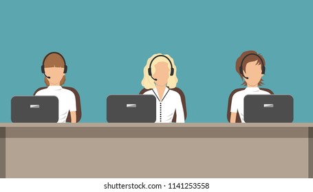 Web banner of call center workers. Young women in headphones are sitting at the desk. People icons. Vector illustration.