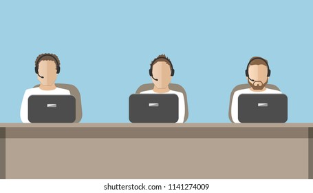Web banner of call center workers. Technical support service. Young men in headphones sitting at the desk. People icons. Vector illustration.