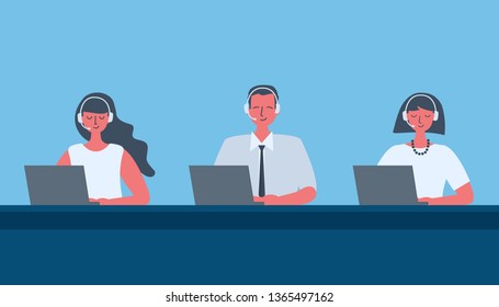Web banner of call center workers. Young man and women in headphones sitting at the table on a blue background. People icons. Funky flat style. Vector illustration.