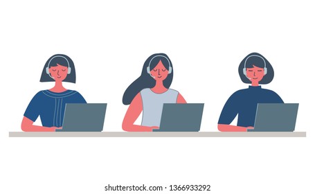 Web banner of call center workers. Young women in headphones sitting at the table on a white background. People icons. Funky flat style. Vector illustration.