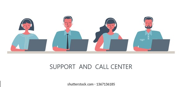 Web banner of call center workers. People icons. Young men and women in headphones sitting at the table on a white background. There is text "Support and Call center" here. Funky flat style. Vector
