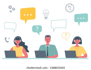Web banner of call center workers. Support service icons. Young man and women in headphones are sitting at the desk on a white background. People icons. Funky flat style. Vector illustration.