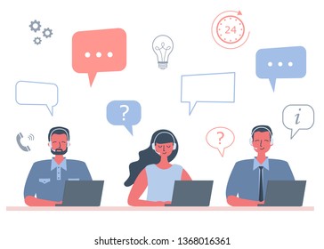 Web banner of call center workers. Support service icons. Young men and woman in headphones are sitting at the desk on a white background. People icons. Funky flat style. Vector illustration.