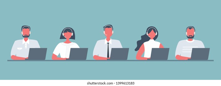 Web banner of call center workers. Young men and women in headphones sitting at the table on a blue background. People icons. Funky flat style. Vector illustration.