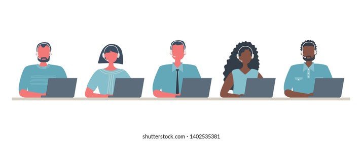 Web Banner Of Call Center Workers. Young Men And Women In Headphones Sitting At The Table On A White Background. People Icons. Funky Flat Style. Vector Illustration.