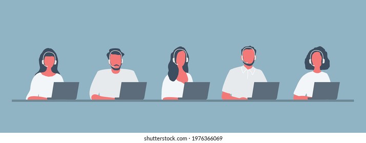 Web banner of call center workers. Young men and women in headphones sitting at the table on a blue background. People icons. Flat style. Vector illustration