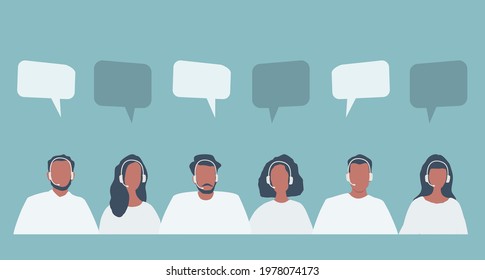 Web banner of call center workers. Support service icons. Young men and women in headphones are sitting at the desk on a blue background. People icons. Funky flat style. Vector illustration.