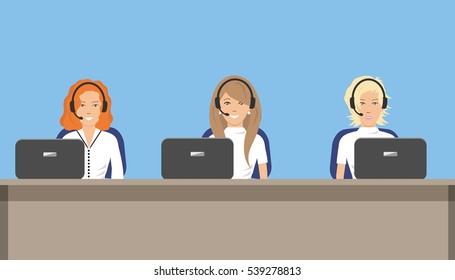 Banner web de los trabajadores del centro de llamadas. Mujeres jóvenes con auriculares sentadas en la mesa sobre fondo azul. Se puede utilizar para sitios web. Ilustración vectorial.