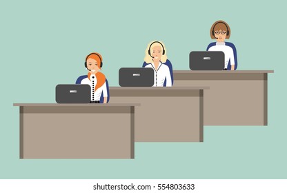 Banner web de los trabajadores del centro de llamadas. Mujeres jóvenes con auriculares sentadas en las mesas con fondo verde. Se puede utilizar para sitios web. Ilustración vectorial.