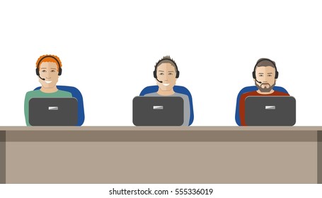 Web banner of call center workers. Technical support service. Young men in headphones sitting at the table. It can be used for websites. Vector illustration.