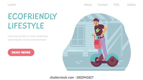 Web banner with call to eco friendly lifestyle and advertise of modern urban electric transport. Young man drive alternative vehicle transportation. Vector flat illustration.