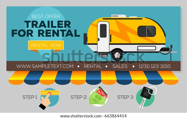 Web banner with Camping trailer for sale or\
rental, buying or rent\
online.