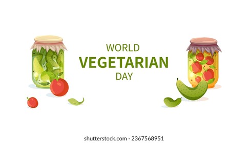 Web banner with canned vegetables. World vegetarian day layout. Background for your design, website, social networks, mailing lists.