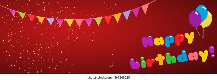 web banner. Card. Colorful garland vector. illustration of holiday with flags and balloons. Red Background happy birthday.