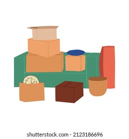 Web banner with cardboard boxes piles. Stuff packed in carton packages for relocation and moving. Many belongings, baskets, clock, furniture in containers. Flat vector illustration isolated 
