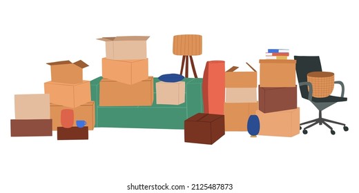Banner web con pilas de cajas de cartón. Cosas envasadas en envases de cartón para su reubicación y movimiento. Muchas pertenencias en contenedores. Ilustraciones vectoriales planas aisladas en fondo blanco