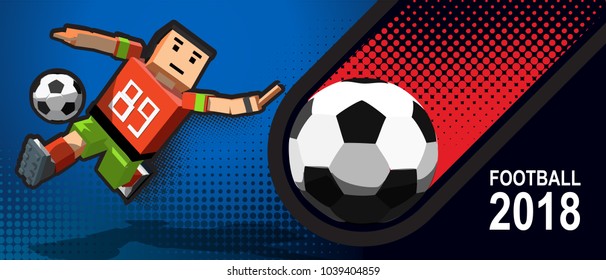 Web banner with cartoon character playing football. Football player in Pixel art stile