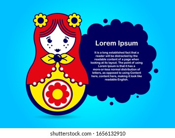 Web banner with cartoon Russian souvenir, doll grandmother, Matryoshka 