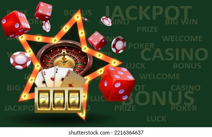 Banner web para el casino. Ilustración del Casino con máquina tragaperras, Ruleta del Casino, fichas de póquer y cartas de juego.Diseño del juego, volante, afiche, banner, anuncio.