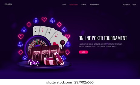 Banner web con ruleta de casino, máquina tragaperras, tarjetas de póquer, dados y chips en el podio con un brillante marco de neón de diamantes, corazones, espadas y diamantes en un fondo morado.