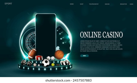 Un Anuncio de Web para casinos y apuestas deportivas con fichas, bolas, dados de póquer, smartphone, ruleta y tarjetas sobre un fondo verde y azul brillante.