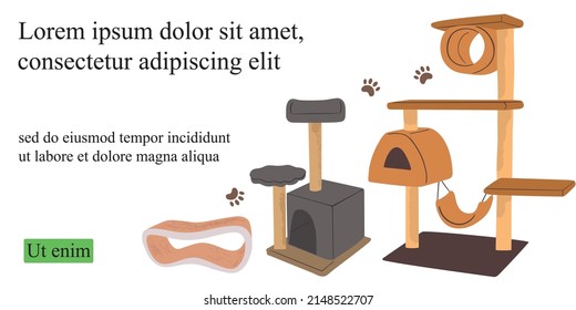 Web banner with cats food, goods, houses and supplies. Pets feeding, furniture, toys. Feline accessories, stuff. Vector