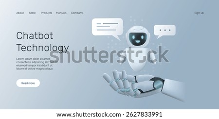 Web banner with Chatbot mascot in robot hand. Personal assistant concept. Machine learning, Neural network, AI landing page concept.