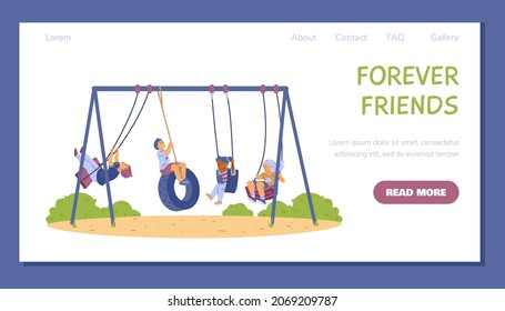 Web Banner With Children On Swing, Rope Sports Equipment At Playground In Park In Flat Vector Illustration Isolated On White. Kids Characters Having Fun With Friends Together On Summer Vacation