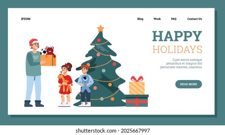 Web banner for christmas charity and social support to needy people. Volunteer holding donation box with toys to holiday new year gifts to kids from poor family. Vector illustration